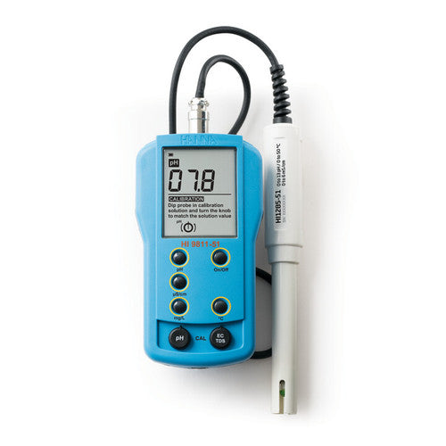 hanna HI9811-51 pH/EC/TDS/Temperature meter with HI1285-51 electrode; EC range: 0 to 6000 µS/cm, TDS range: 0 to 3000 ppm (mg/L)